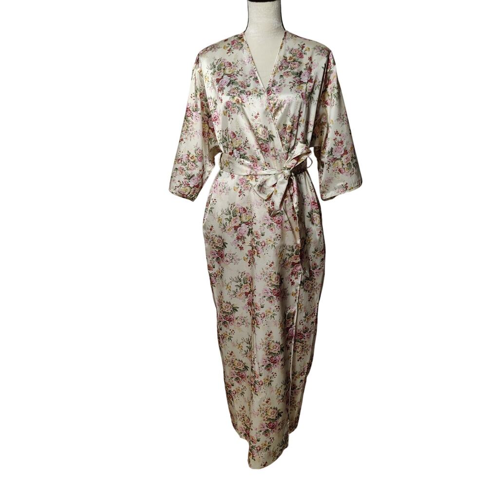 Vintage Barbizon Sz S Cream Floral Robe Full Length Waist Tie